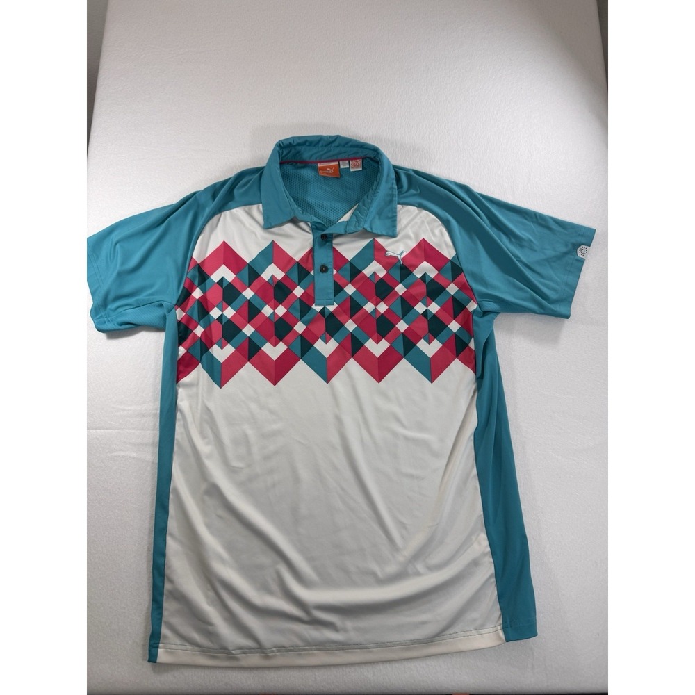 Puma Sport Lifestyle Cool Cell Mens Polo L Geometric Pattern White Teal Pink EUC